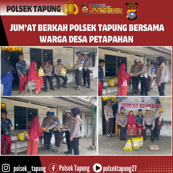 Kapolsek Tapung Pimpin Jumat Barokah dan Serahkan Paket Sembako Kepada Warga Kurang Mampu di Desa Petapahan