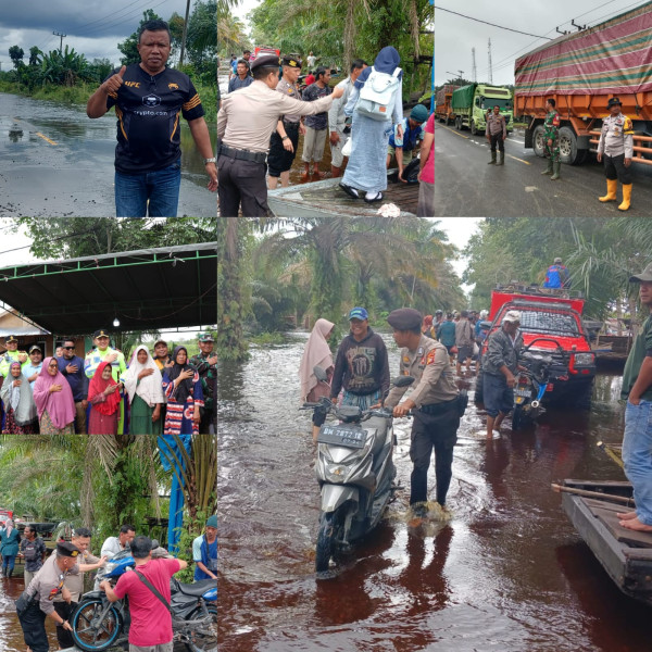 Personil Polres Pelalawan Cooling System, Bantu Warga Terdampak Banjir & Atur Lalin Area Banjir KM 74  Sampai KM 83