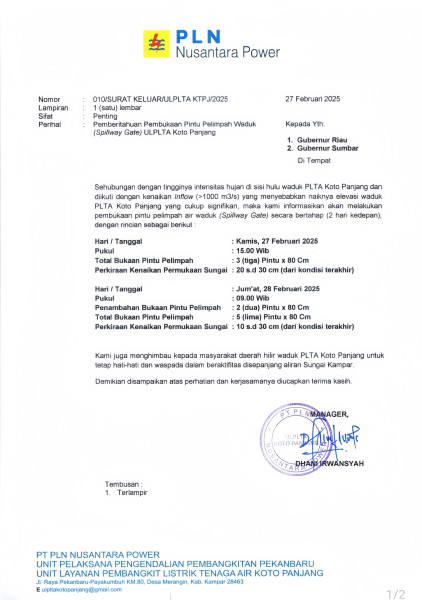 Intensitas  Curah Hujan Makin Tinggi, Hari Ini dan Besok PLTA Koto Panjang Buka Pintu Air