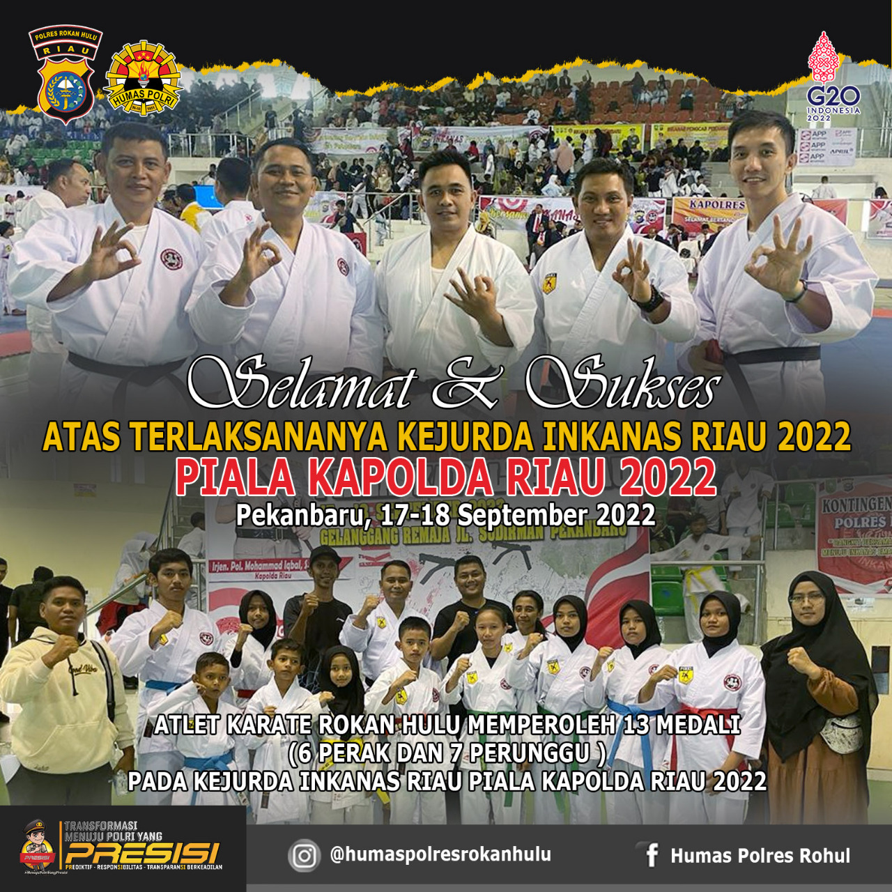 Polres Rohul Raih 6 Perak Dan  7 Perunggu Pada Ajang Kejurda  Piala Kapolda Riau Inkanas 2022   