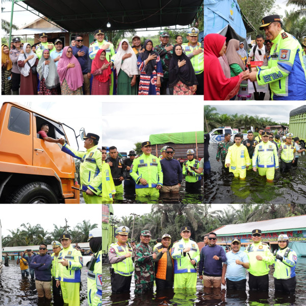 Serahkan Bantuan Terdampak Banjir Dan Pantau Arus Lalin Kapolda Riau : Jalan Lintas Timur  Km 83 Titik Terdalam 1,2 Meter