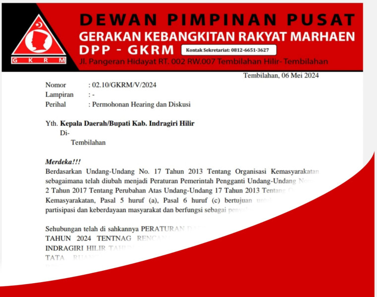 GKRM Layangkan Surat Ke PJ Bupati Terkait PERDA RTRW INHIL
