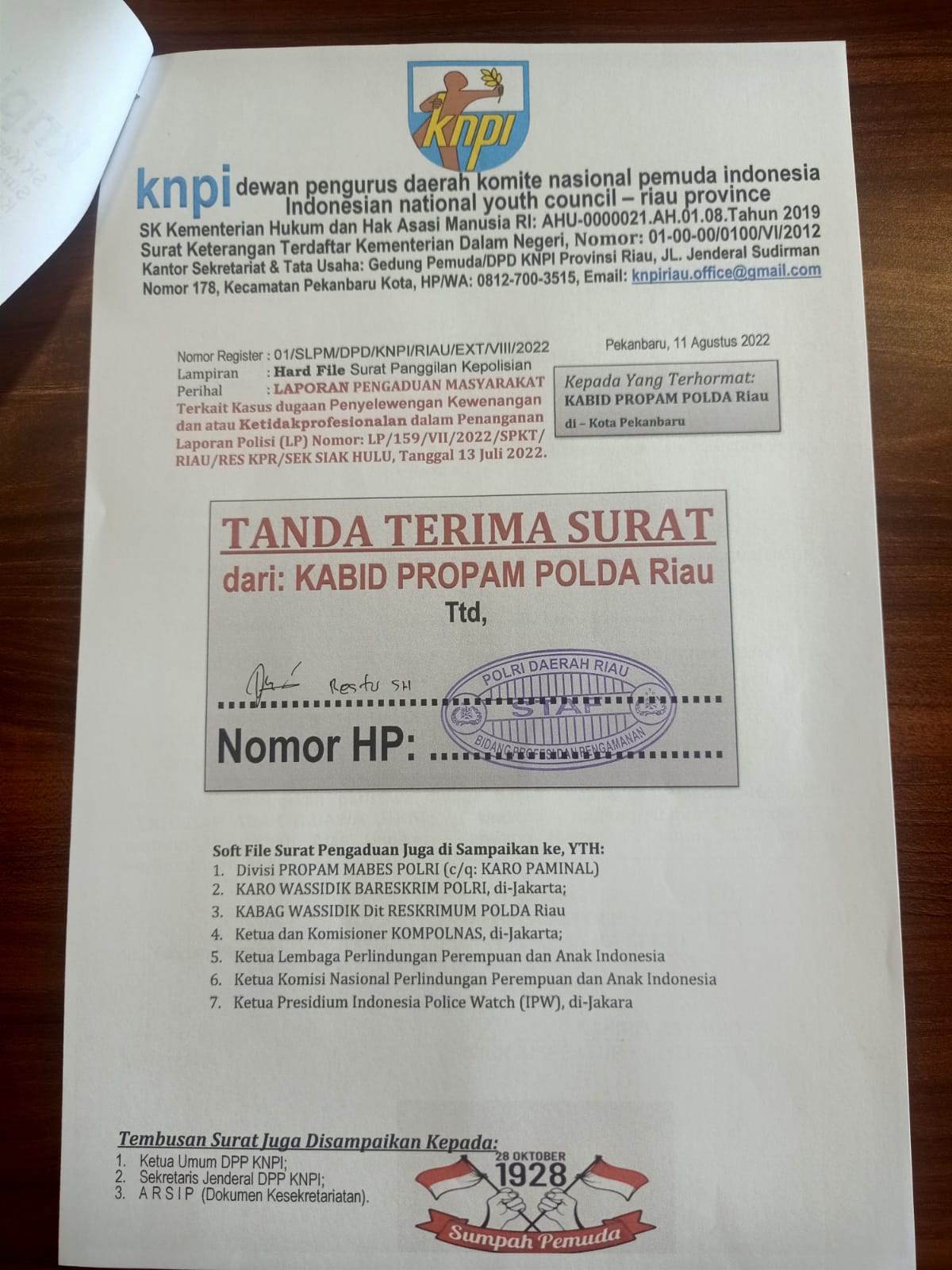 KNPI Resmi Laporkan Penyidik Polsek Siak Hulu ke Propam Polda Riau
