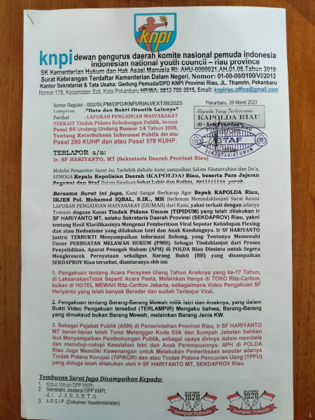 Hari Ini, KNPI Riau Resmi Laporkan Sekdaprov SF Hariyanto ke Polisi
