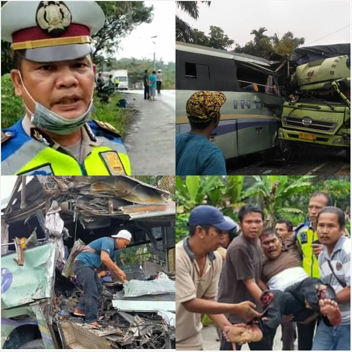 Bus PO Intra & Truck Hino Laga Kambing di Jalintim Kiyab Jaya, Supir Bus Terjepit & Kaki Kiri Remuk