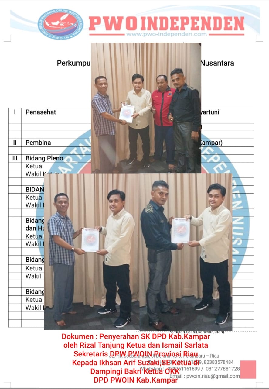 SK DPD Kab.Kampar Resmi, Ini Pesan Rizal Tanjung Ketua dan Ismail Sarlata Sekretaris DPW PWOIN Riau