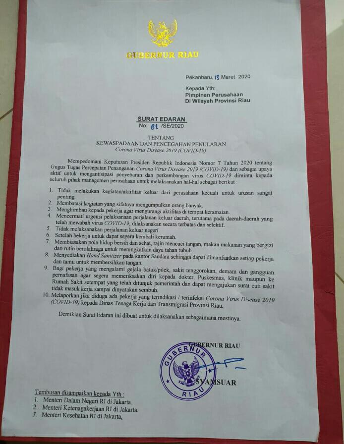 Gubernur Keluarkan Surat Edaran Cegah Covid-19 di Lingkungan Pemprov Riau