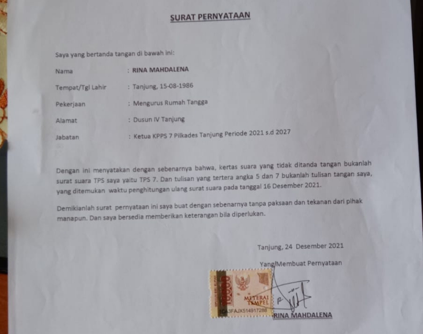 Kejanggalan Pilkades Tanjung Koto Kampar Hulu Berdasarkan Pengakuan Ketua KPPS 7