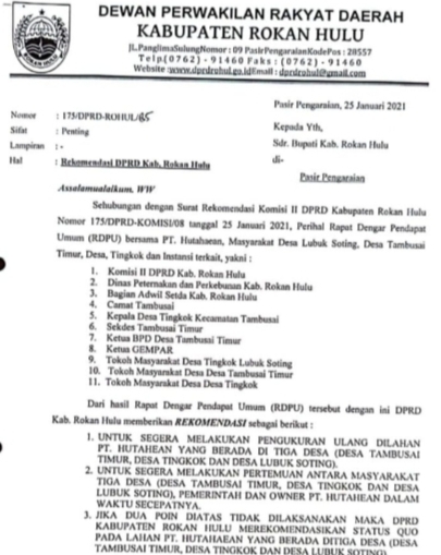 Surat Rekomendasi Pengukuran Ulang Lahan PT. Hutahaean Resmi Dikeluarkan DPRD Rohul