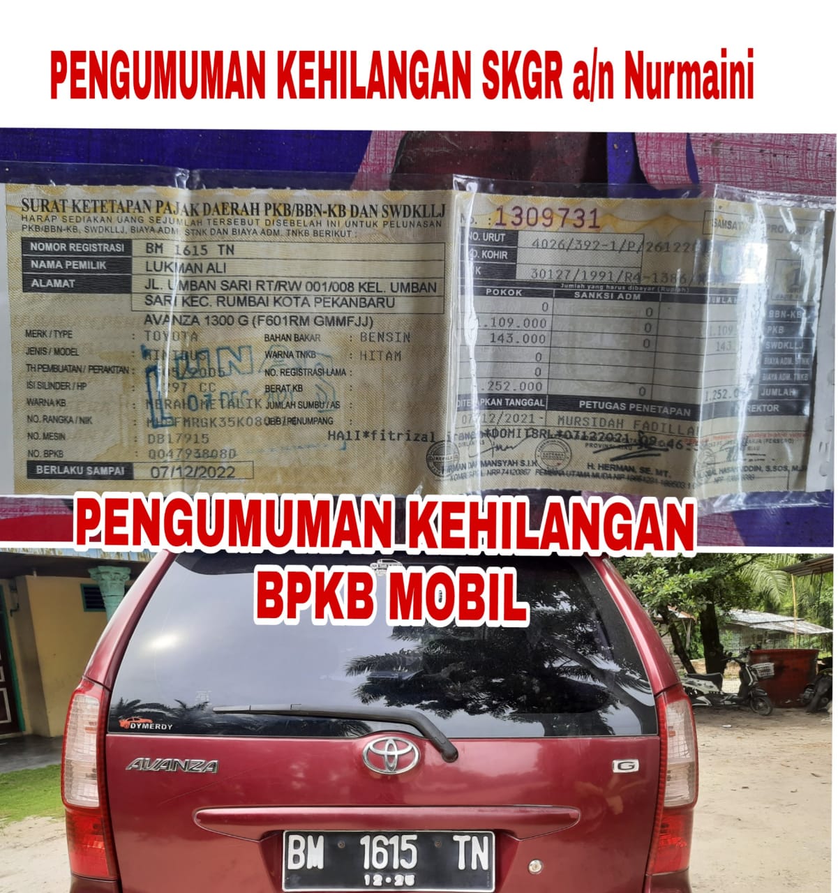 Pengumuman Kehilangan BPKB Mobil Dan SKGR, Untuk Masyarakat Kecamatan Minas