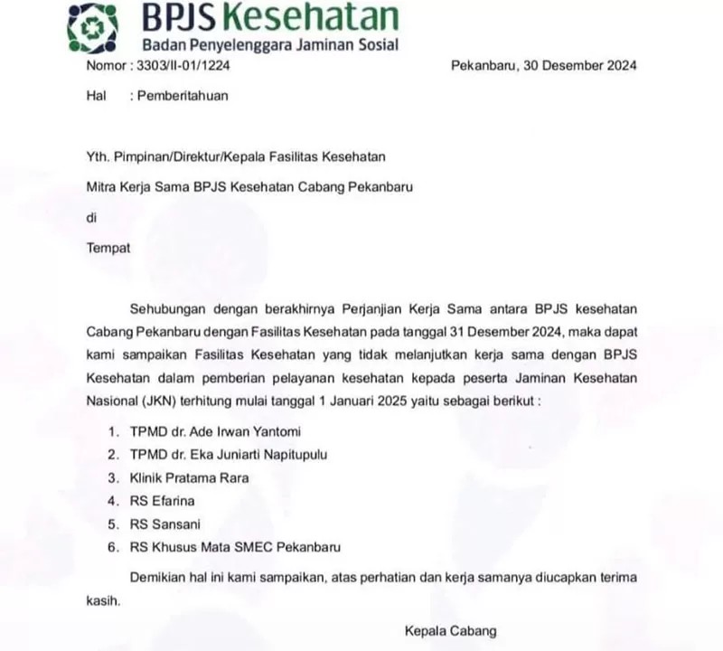 Enam Faskes di Pekanbaru Tak Lagi Kerja Sama dengan BPJS Kesehatan, Begini Penjelasannya