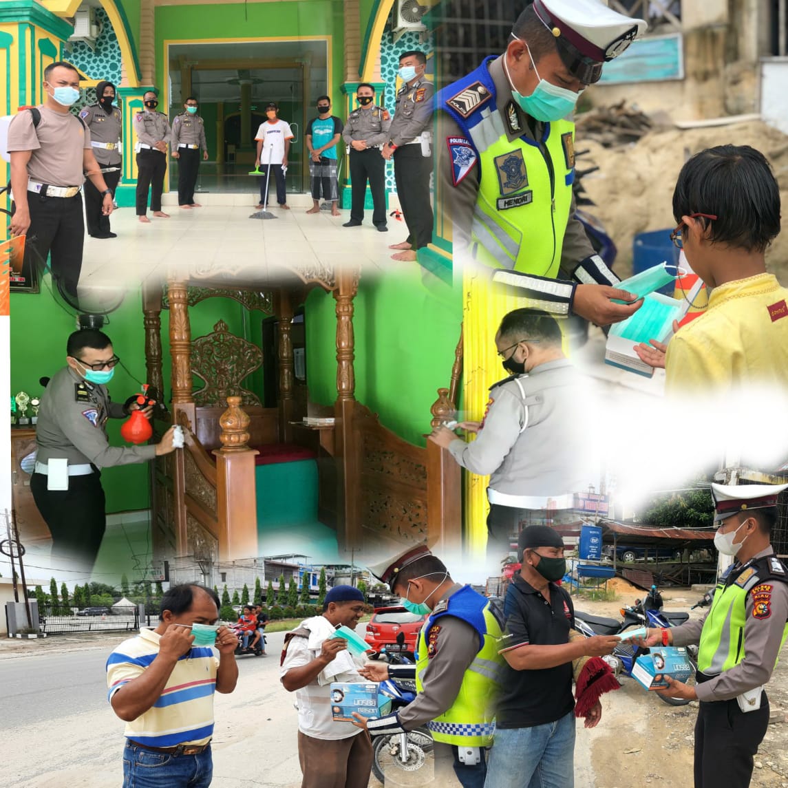 Cegah C-19 di Jumat Barokah, Satlantas Polres Siak Bersihkan Masjid & Bagikan Masker Ke Para Jamaah