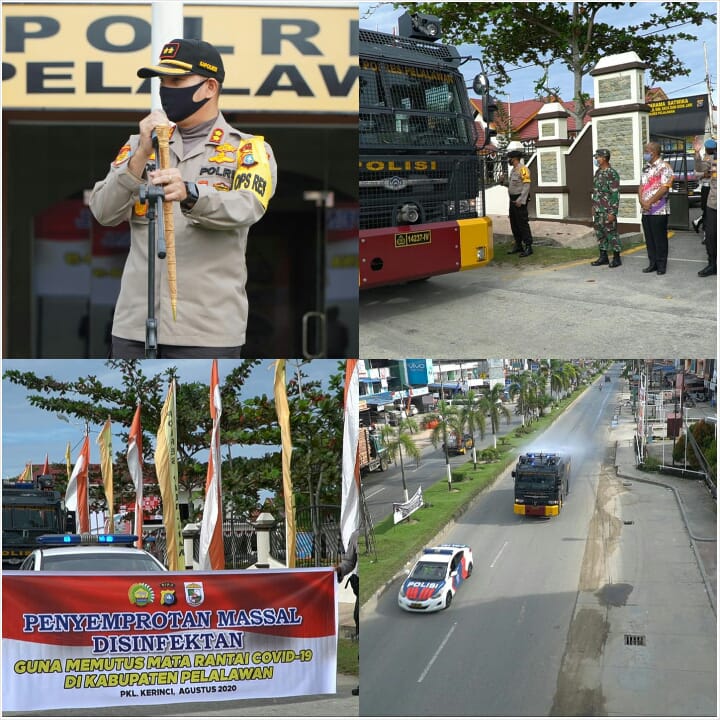 Penyemprotan Massal Disinfektan Polres Pelalawan Guna Putus Mata Rantai Penyebaran COVID-19